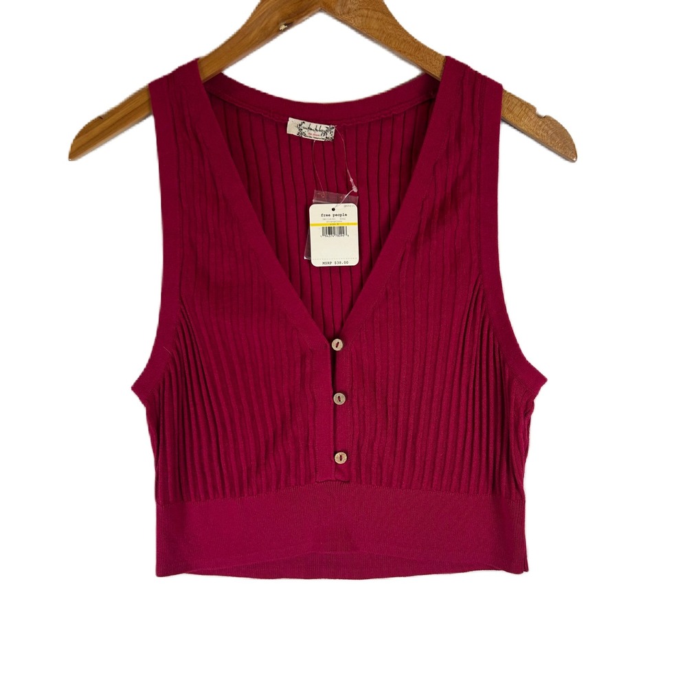 Free People Strangelove Ribbed V-Neck Crop Top Magenta Pink Womens M‎ NEW